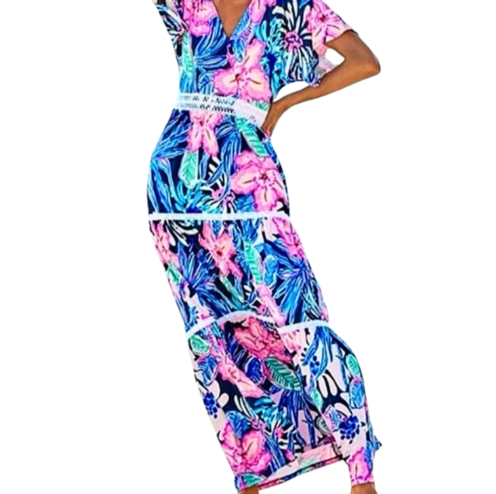 Lilly Pulitzer Maribella Tiered Knit Multicolor Maxi Dress Sz 12 LIKE NEW